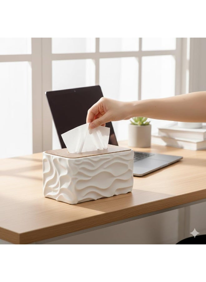 Decorative Tissue Box Cover with Wooden Lid - Modern Wavy Textured Design - Durable Rectangular Tissue Dispenser for Home, Office, and Bathroom (White) - Image 2