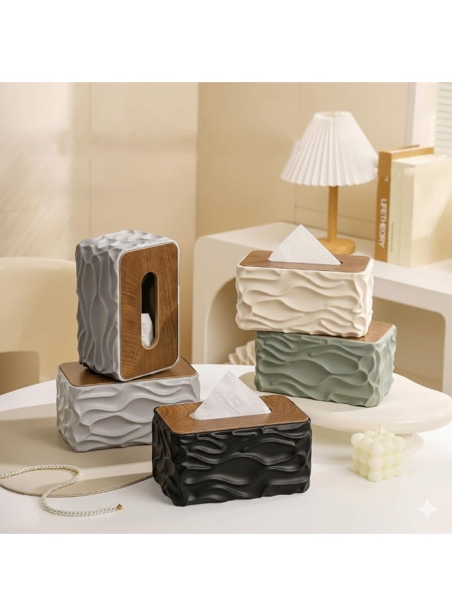 Decorative Tissue Box Cover with Wooden Lid - Modern Wavy Textured Design - Durable Rectangular Tissue Dispenser for Home, Office, and Bathroom (White) - Image 5