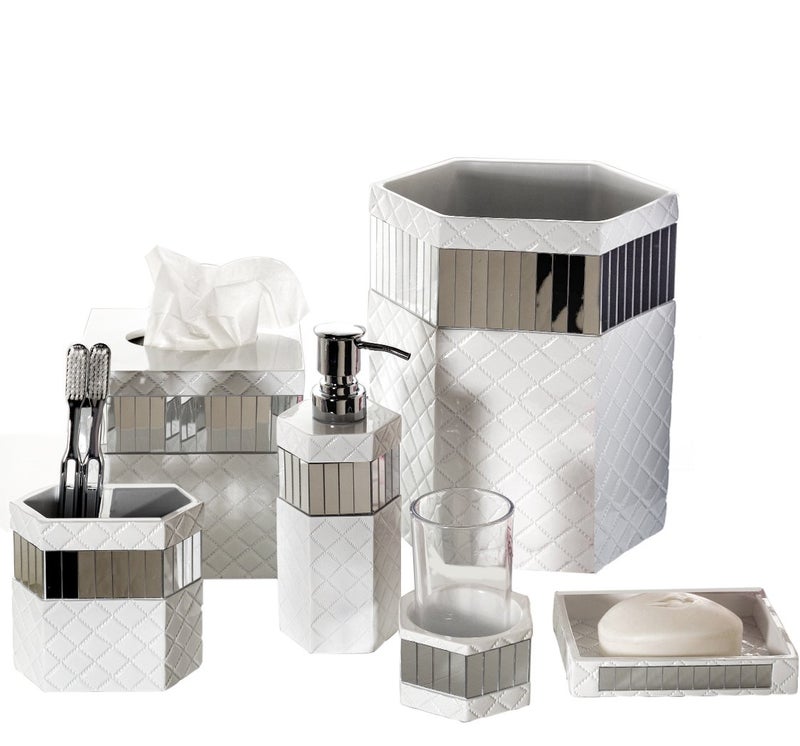 Creative Scents Creative Scents Quilted Mirror White Bathroom Accessories Set  Decorative 6 Piece Bathroom Set Includes Trash Can Tissue Box Cover Soap Dispenser Toothbrush Holder Tumbler  Soap Dish 