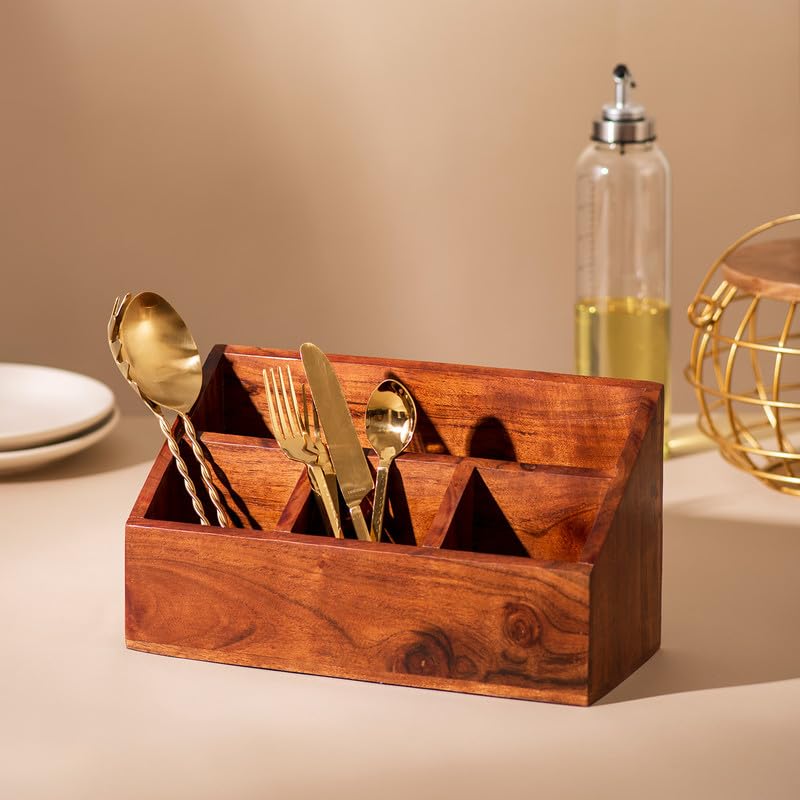 nestroots Wooden Napkin & Cutlery Holder Spoon stand for kitchen | 7.5 Inch Brown | Cutlery Holder for Dining Table | Wooden Caddy Storage Organiser Stand Caddy Holder | Stylish Kitchen Décor - Image 1