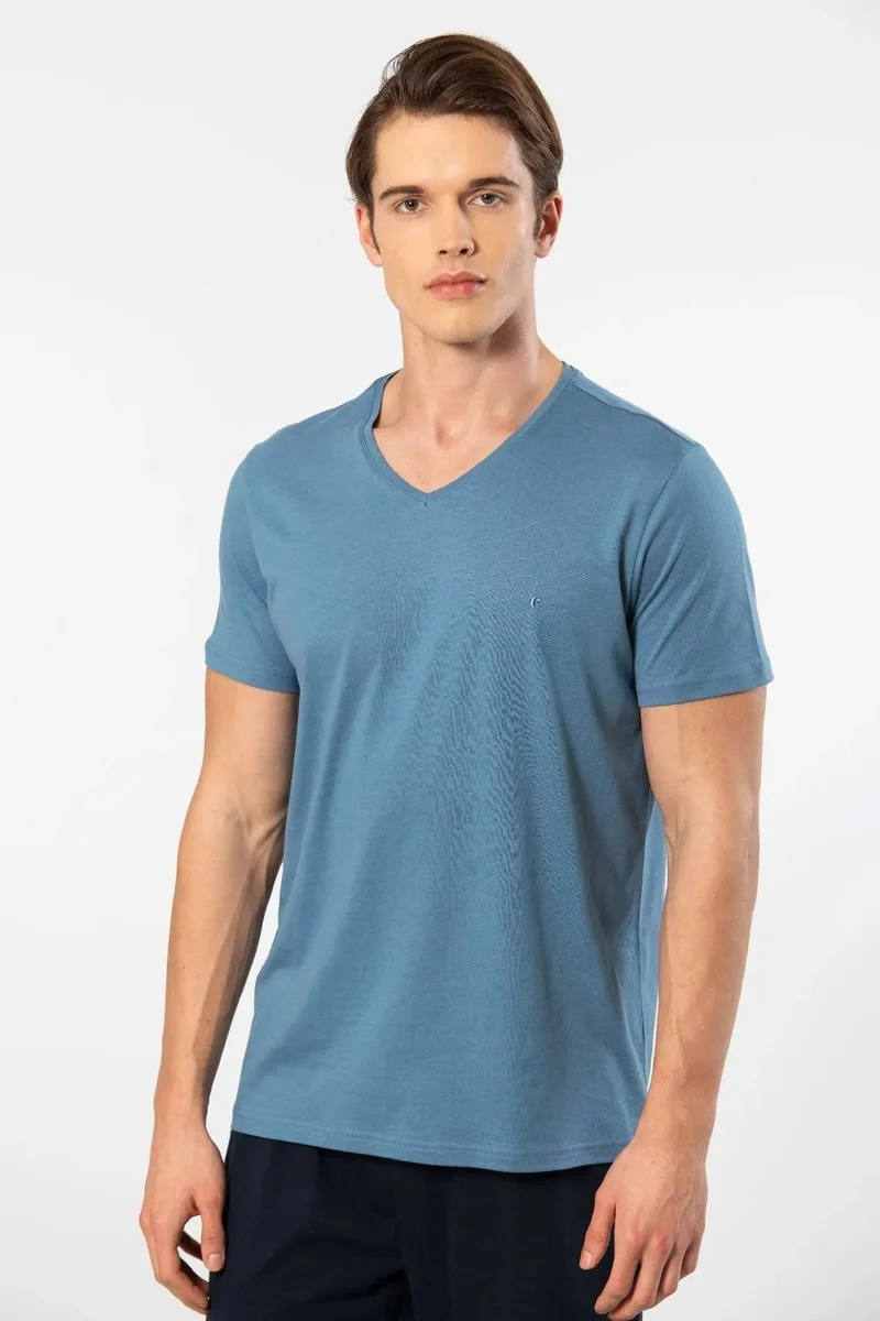 cacharel 2170 Men's Modal Cotton V-Neck Short Sleeve T-Shirt-Indigo