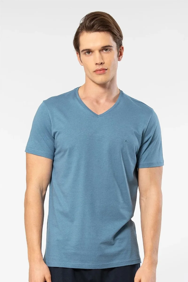 cacharel 2170 Men's Modal Cotton V-Neck Short Sleeve T-Shirt-Indigo