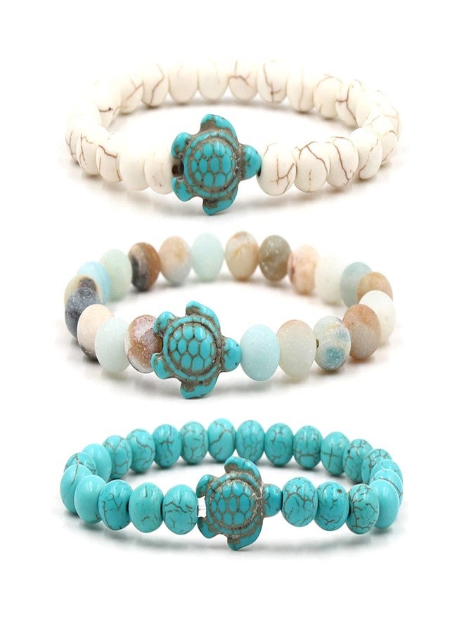 FORUBUS 3Pcs Sea Turtle Beaded Bracelet, Boho Turquoise Natural Stones Beads Turtle Stretch Bracelet for Women Men Surfer Beach Trip - Image 2
