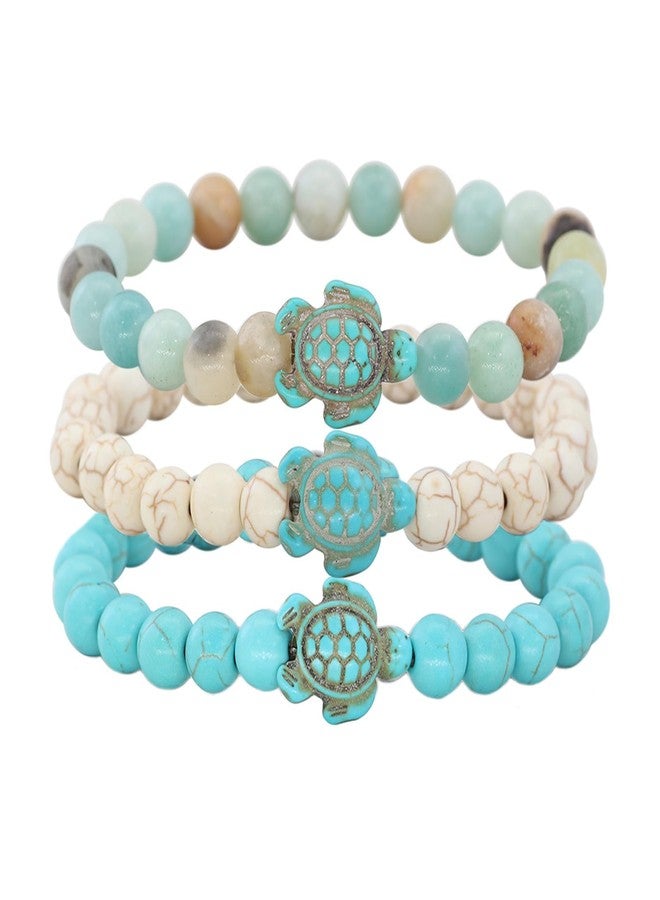 FORUBUS 3Pcs Sea Turtle Beaded Bracelet, Boho Turquoise Natural Stones Beads Turtle Stretch Bracelet for Women Men Surfer Beach Trip - Image 1