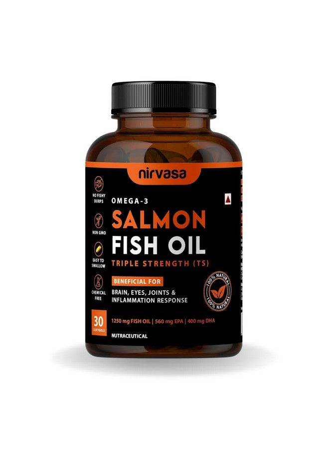 Nirvasa Omega 3 Salmon Fish Oil Softgel Capsules (Triple Strength) for Men & Women | 1250mg Salmon Fish Oil, 560mg EPA & 400mg DHA | No Fishy Burps | Supports Healthy Heart, Brain & Bones - 30 x 1 Cap - Image 1