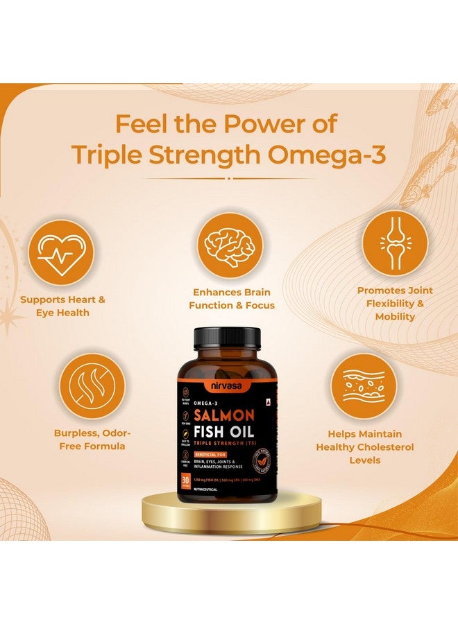 Nirvasa Omega 3 Salmon Fish Oil Softgel Capsules (Triple Strength) for Men & Women | 1250mg Salmon Fish Oil, 560mg EPA & 400mg DHA | No Fishy Burps | Supports Healthy Heart, Brain & Bones - 30 x 1 Cap - Image 4