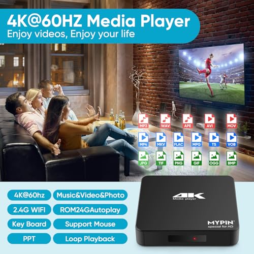 Mypin 4K@60hz MP4 Media Player Support 8TB HDD/ 256G USB Drive/SD Card with HDMI/AV Out for HDTV/PPT MKV AVI MP4 H.265-Support Advertising Subtitles/Timing, Networkable, Mouse&Keyboard Control - Image 2