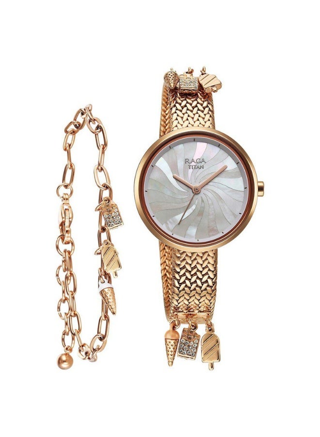 TITAN ساعة رجا ميموار للنساء 95253WM01 – قرص من أم اللؤلؤ، حزام معدني باللون الوردي الذهبي، حركة كوارتز، ساعة أنيقة وجاهزة كهدية - Image 1