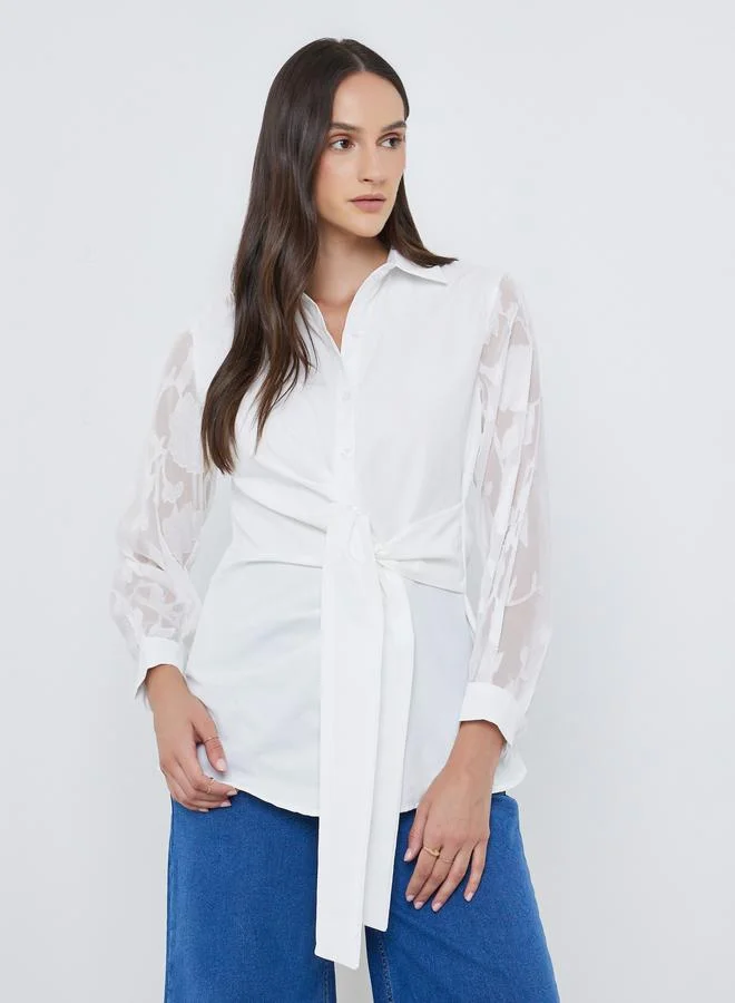 Styli Styli Front Knot Lace Long Sleeve Buttoned Shirt