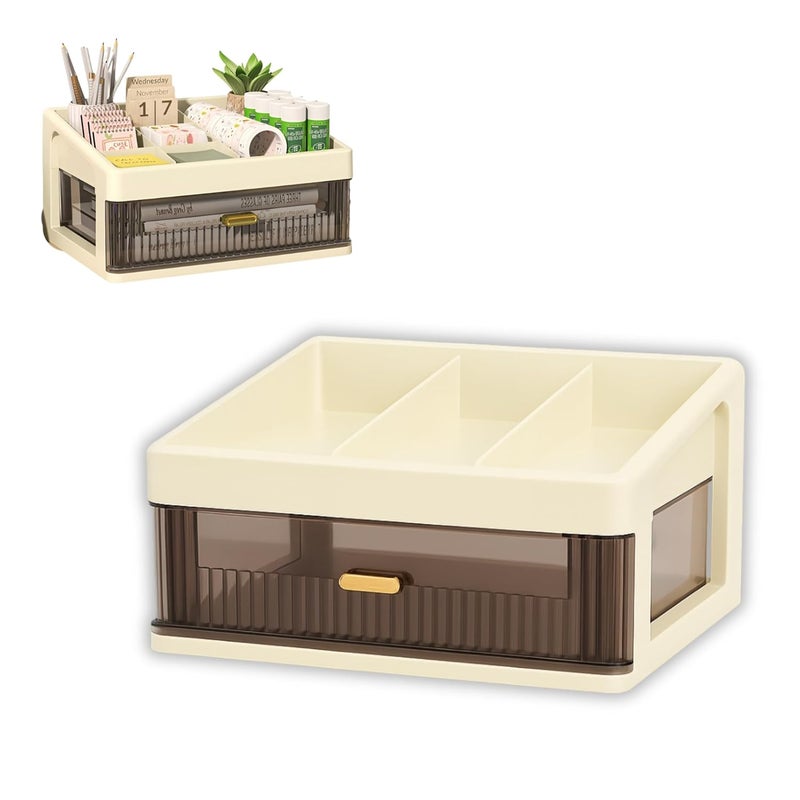 KREPS Desk Makeup Organizer, Plastic Storage Box With Sliding Drawer, Stylish Display Case For Cosmetics, Lotion, Nail Polish,Brushes,And Jewelry (1 - Layer, Cream), Beige - Image 1
