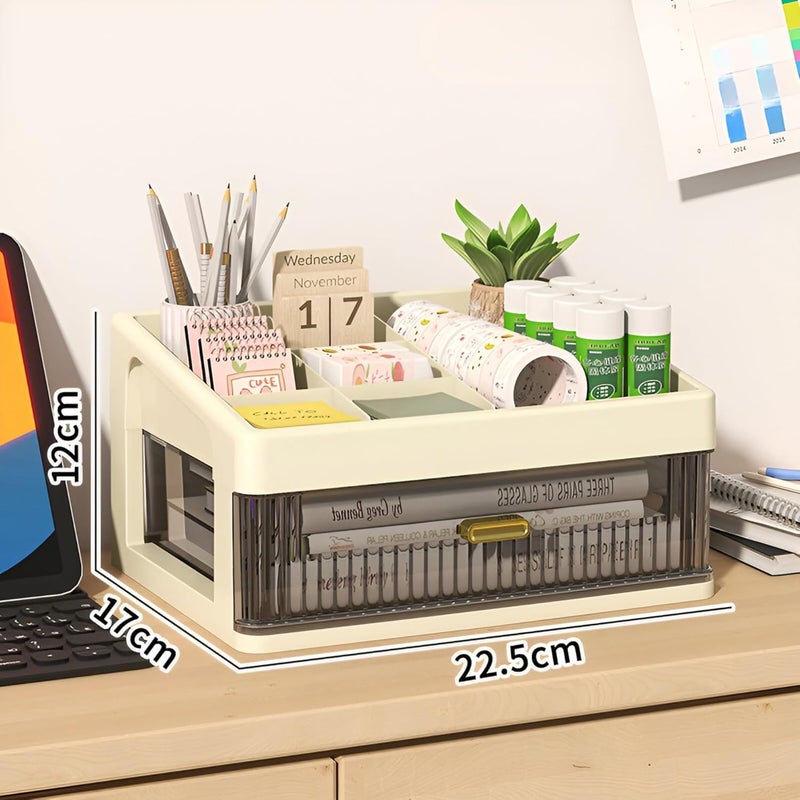 KREPS Desk Makeup Organizer, Plastic Storage Box With Sliding Drawer, Stylish Display Case For Cosmetics, Lotion, Nail Polish,Brushes,And Jewelry (1 - Layer, Cream), Beige - Image 2