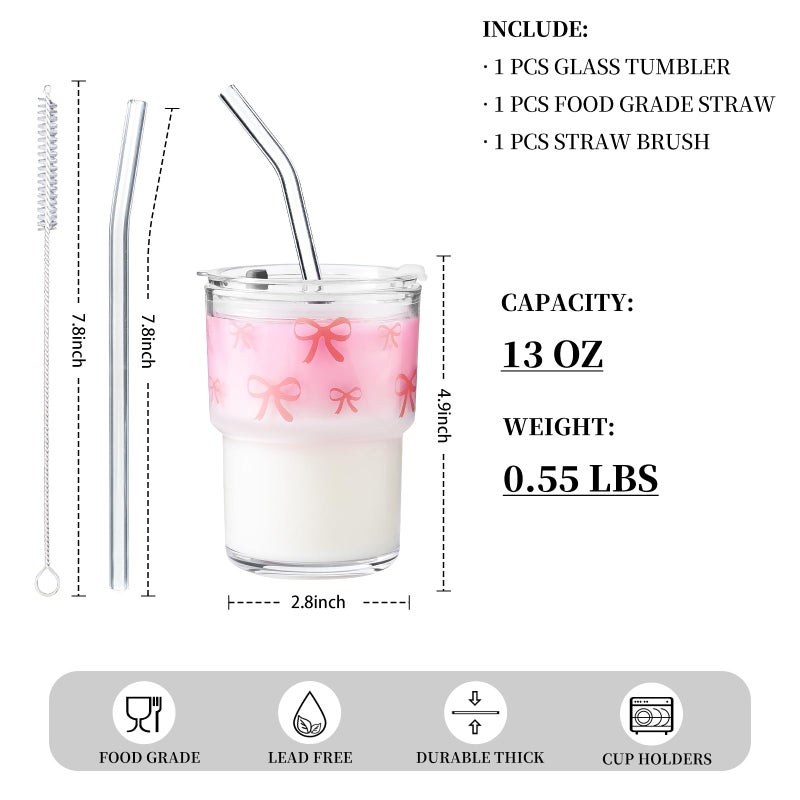 Olvini 13oz Glass Tumbler with Straw and Lid, Reusable Iced Coffee Cup Tumbler, Cute Glass Cups for Water, Matcha, Travel Coffee Mugs (Bow - 13oz) - Image 3