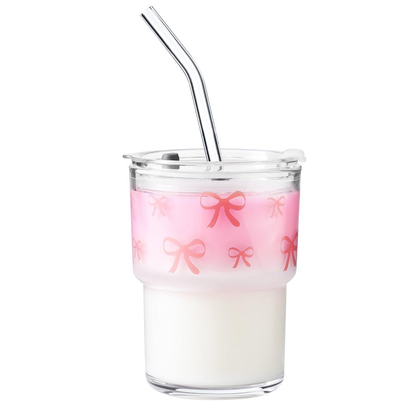 Olvini 13oz Glass Tumbler with Straw and Lid, Reusable Iced Coffee Cup Tumbler, Cute Glass Cups for Water, Matcha, Travel Coffee Mugs (Bow - 13oz) - Image 1