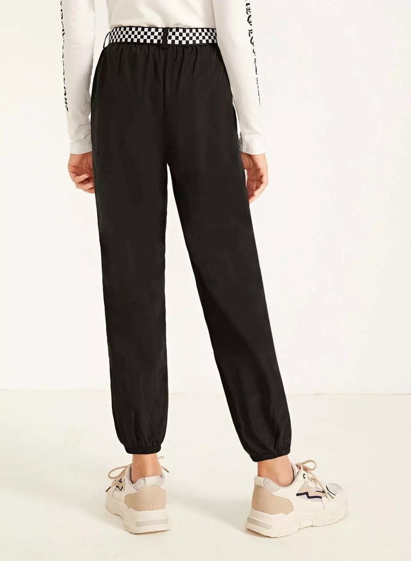 Girls Checked Buckle Belted Slant Pocket Wind Pants  - Image 2
