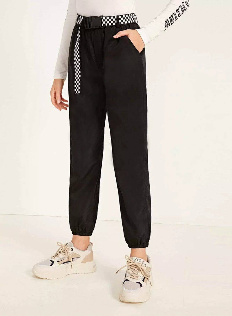 Girls Checked Buckle Belted Slant Pocket Wind Pants  - Image 1