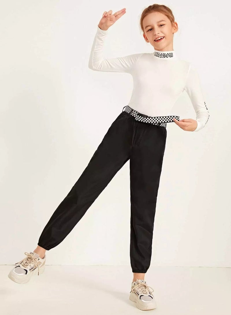 Girls Checked Buckle Belted Slant Pocket Wind Pants  - Image 3