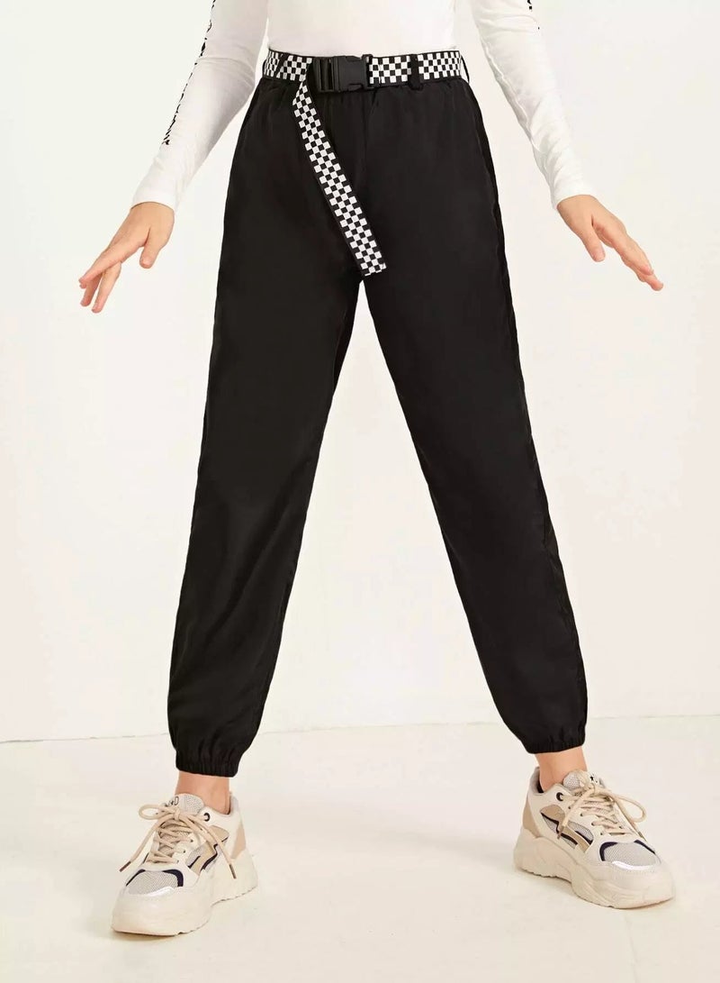 Girls Checked Buckle Belted Slant Pocket Wind Pants  - Image 4