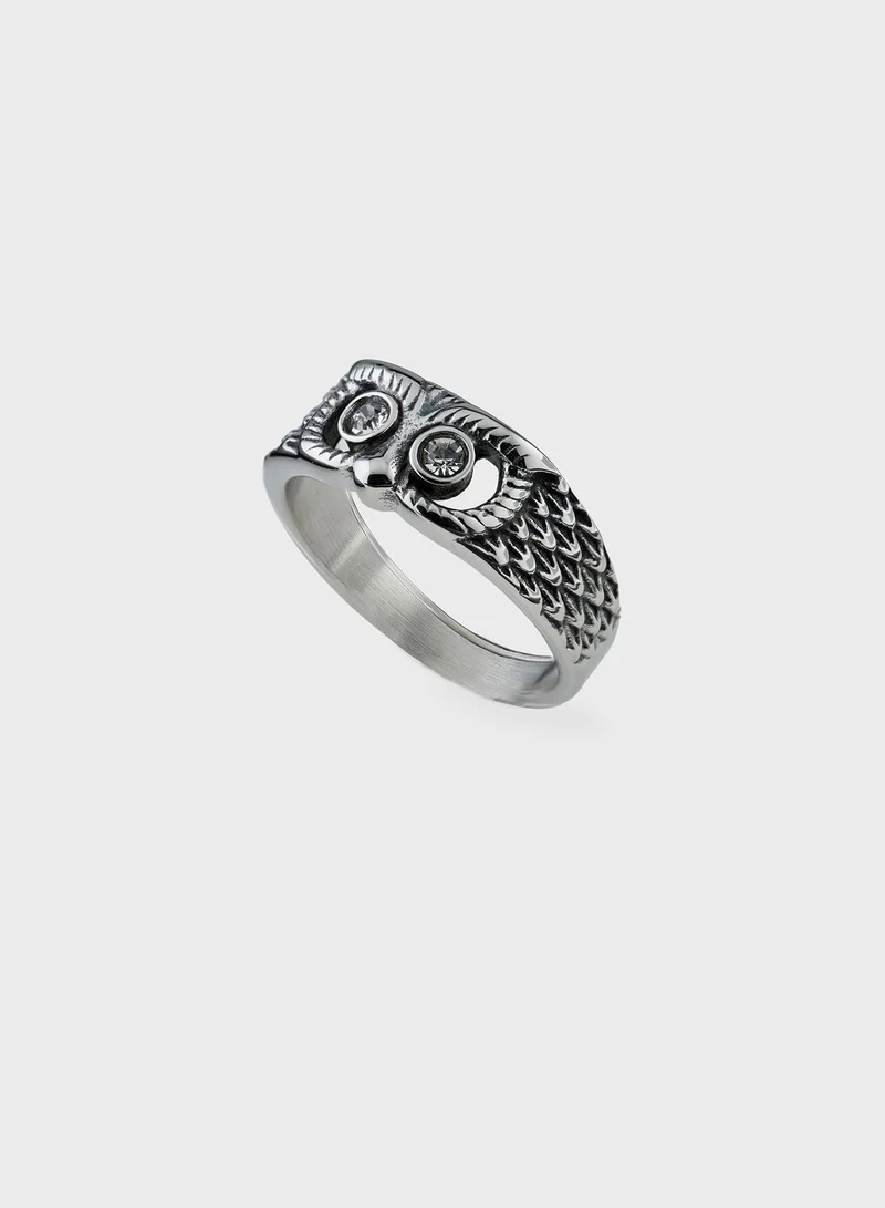Seventy Five Owl Motif Stainless Steel Ring