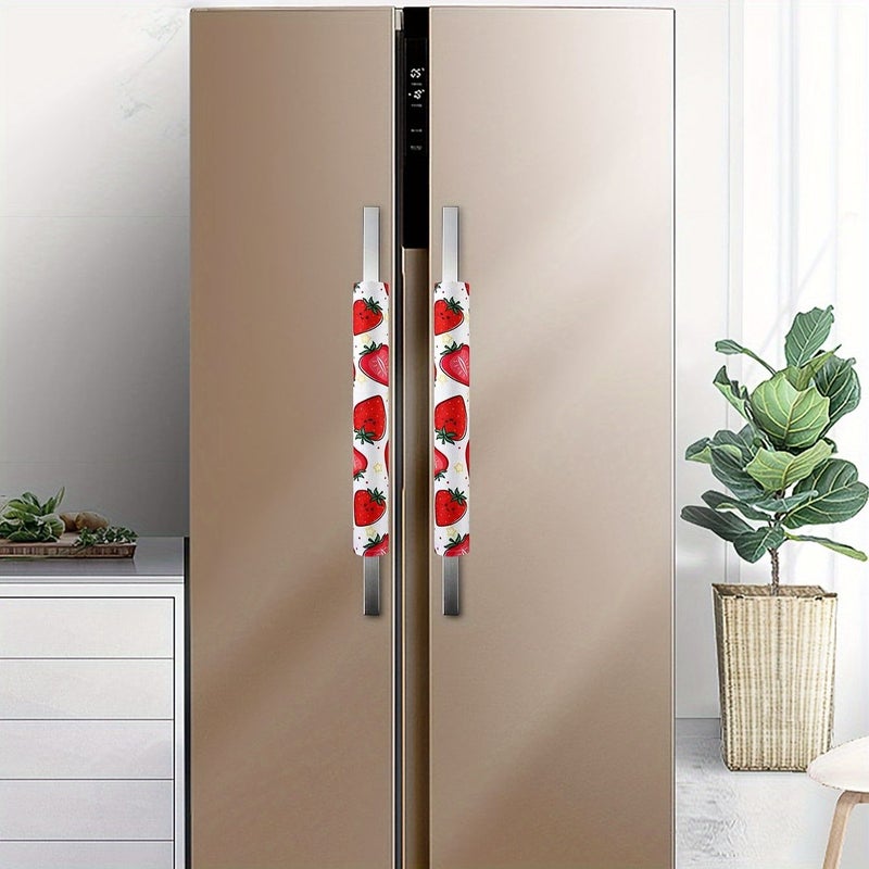 2 Pcs Red Strawberry Print Refrigerator Door Handle Covers - Image 1