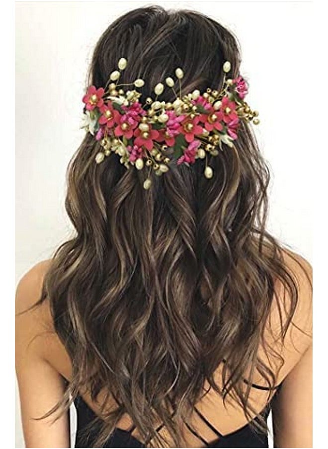 Hair Flare Floral Hair Vein For Women, Artificial Flower Hair Accessories, Hair Pin For Girls - Dark Pink, 2205  - Image 2