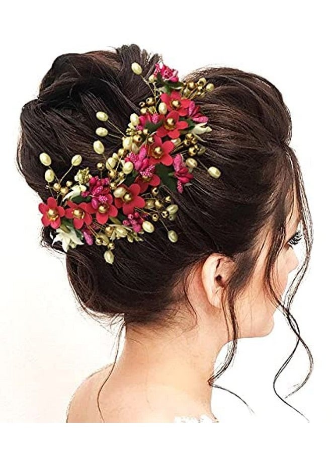 Hair Flare Floral Hair Vein For Women, Artificial Flower Hair Accessories, Hair Pin For Girls - Dark Pink, 2205  - Image 1