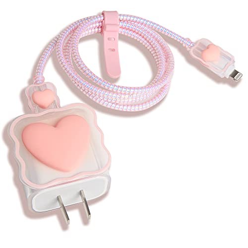 QLD COVER Compatible with iPhone 18W/20W USB-C Charger Cover Lovely 3D Love Heart Waves Clear Soft Charger Protector Cute Cable Saver for iPhone 11 12 13 14 Pro Max Fast Power Adapter, Pink 1 (5in1) - Image 1
