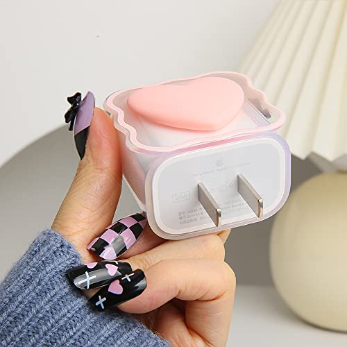 QLD COVER Compatible with iPhone 18W/20W USB-C Charger Cover Lovely 3D Love Heart Waves Clear Soft Charger Protector Cute Cable Saver for iPhone 11 12 13 14 Pro Max Fast Power Adapter, Pink 1 (5in1) - Image 5