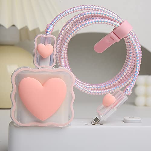 QLD COVER Compatible with iPhone 18W/20W USB-C Charger Cover Lovely 3D Love Heart Waves Clear Soft Charger Protector Cute Cable Saver for iPhone 11 12 13 14 Pro Max Fast Power Adapter, Pink 1 (5in1) - Image 4