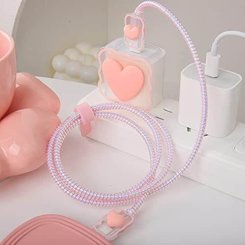 QLD COVER Compatible with iPhone 18W/20W USB-C Charger Cover Lovely 3D Love Heart Waves Clear Soft Charger Protector Cute Cable Saver for iPhone 11 12 13 14 Pro Max Fast Power Adapter, Pink 1 (5in1) - Image 3