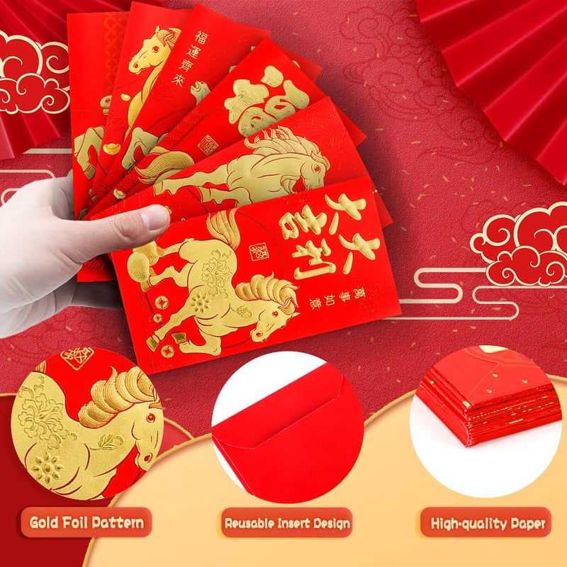 Deovige Chinese New Year Red Envelopes, 36 PCS Red Envelopes, Horse Year Reds Envelope 2026, æ˜¥èŠ‚çº¢åŒ…, Hong Bao, Lucky Money Envelope Reds Pocket Packet for 2026 New Years Eve Party Spring Festival, 6 Designs - Image 3