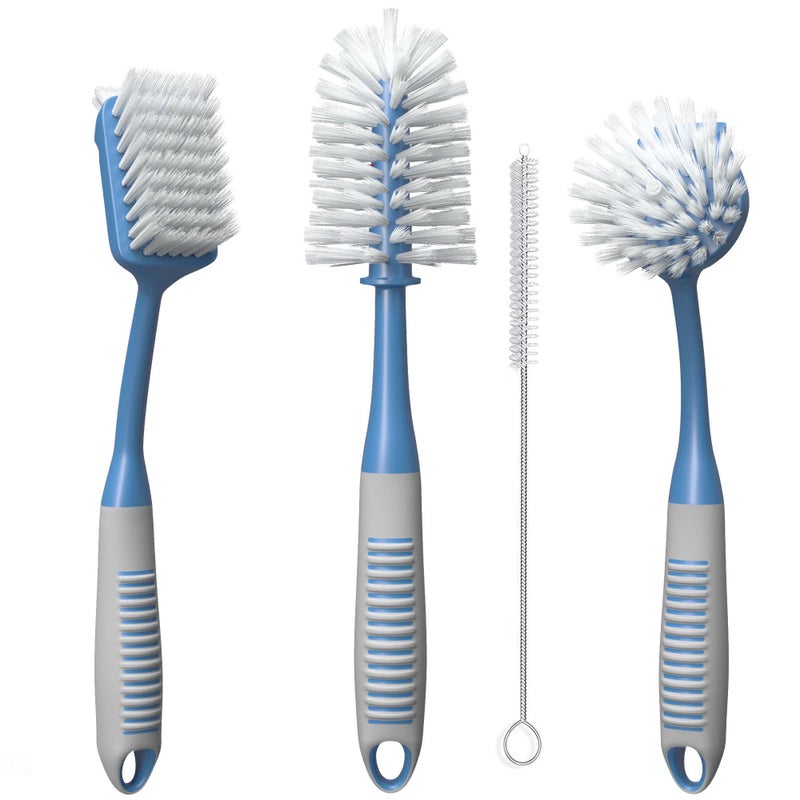 Dish Brush Set of 4 Kitchen Scrub Brushes with NonSlip Long Handle for Cleaning Scrubber Dishwashing Dishes Bottles Straws Cups Pots Sink Blue