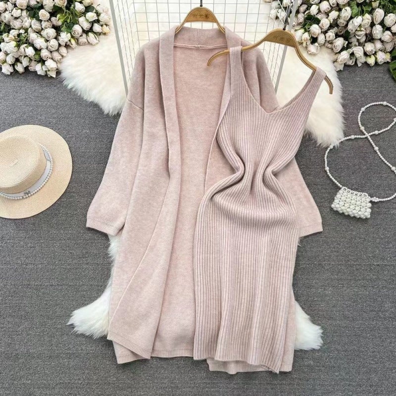 French Style Knit Dress 2-Piece Set 2024 Spring Autumn New Elegant Slimming Long Sweater Jacket For Women V-Neck Pattern Lotus color single hanging skirt material comfortable]] 