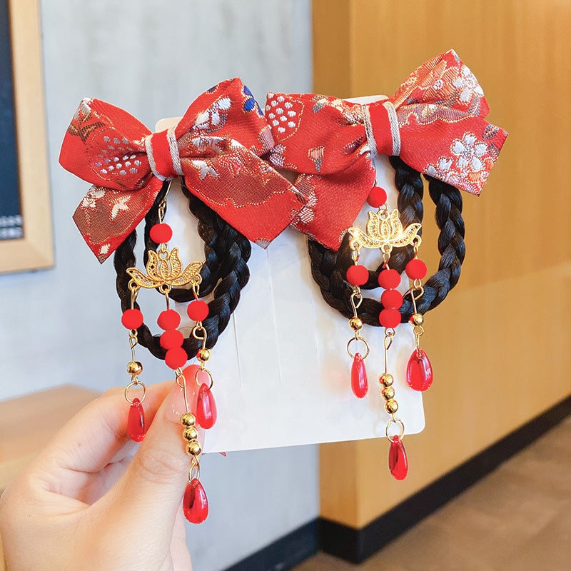 Generic New Year Chinese Baby Wig Braids Kids Hairpin with Bow 1# Lotus braid (a pair) 