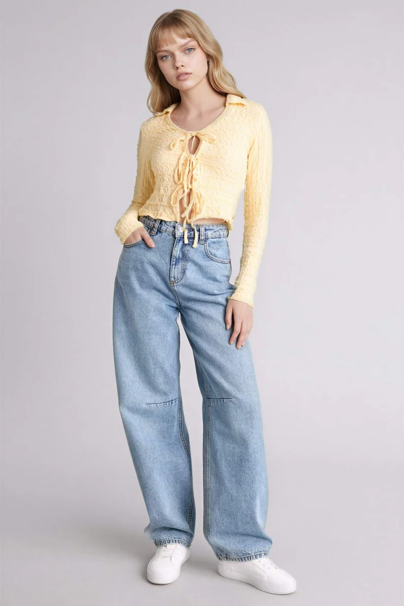 DeFacto Slim Fit Shirt Collar Long Sleeve Blouse