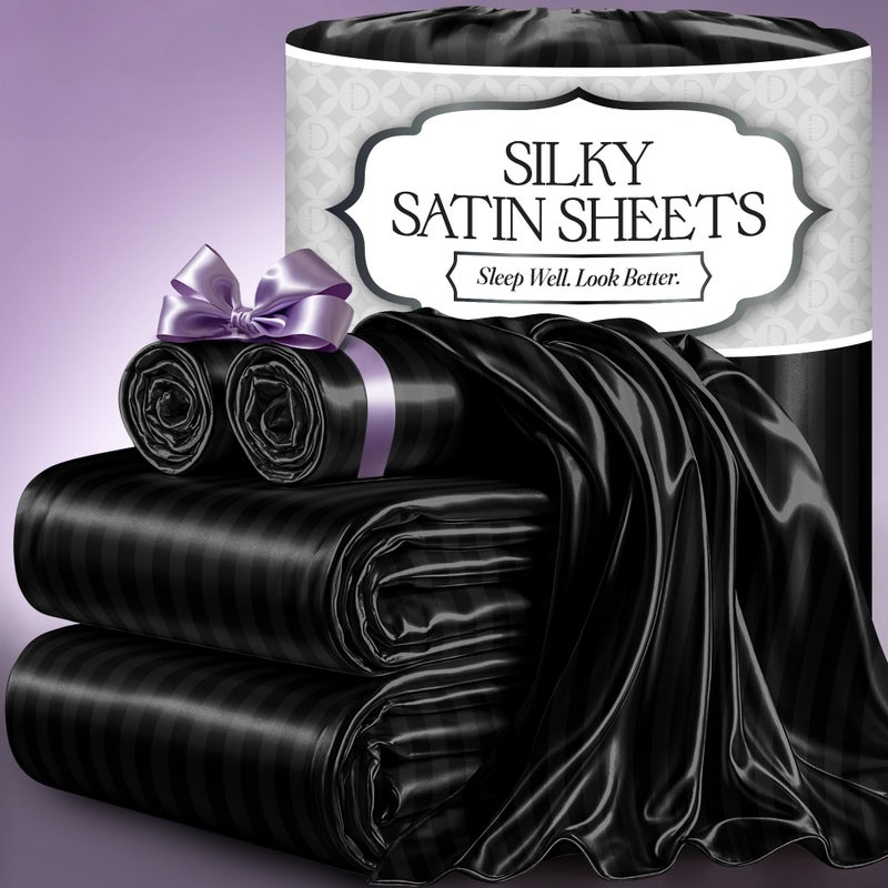 DECOLURE Satin Bed Sheets  4 Piece Luxury Silky Full Size Bedding Set  Softer Than Silk WrinkleFree with 15 Deep Pocket Fitted Sheet Perfect for Hair  Skin Gifts for Women Striped Black
