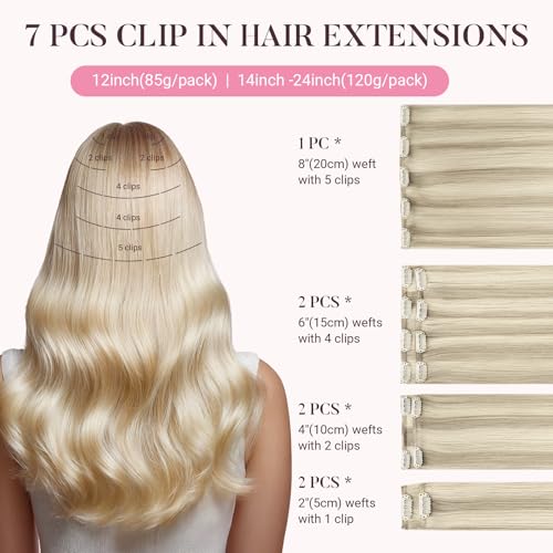 MAXITA Clip in Hair Extensions Real Human Hair, Remy Human Hair Clip in Extensions for Women, Natural Human Hair, 14inch 120g 7Pcs, Balayage Ash Blonde Highlighted Platinum Blonde - Image 2