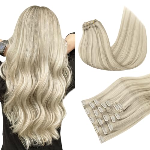 MAXITA Clip in Hair Extensions Real Human Hair, Remy Human Hair Clip in Extensions for Women, Natural Human Hair, 14inch 120g 7Pcs, Balayage Ash Blonde Highlighted Platinum Blonde - Image 1
