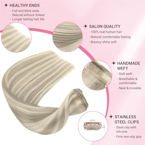 MAXITA Clip in Hair Extensions Real Human Hair, Remy Human Hair Clip in Extensions for Women, Natural Human Hair, 14inch 120g 7Pcs, Balayage Ash Blonde Highlighted Platinum Blonde - Image 3
