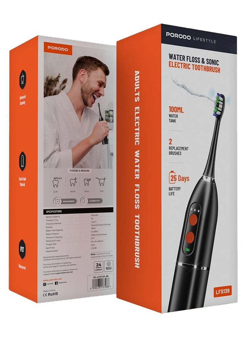 بورودو فرشاة أسنان كهربائية وخيط تنظيف مائي من بورودو مع خزان مياه سعة 100 مل، عمر بطارية 1000 مللي أمبير/ساعة، مقاومة للماء بتصنيف IPX7، تردد اهتزاز 37800 ضربة/دقيقة، ضغط تنظيف مائي 73~86 رطل/بوصة مربعة، شحن من النوع C، رأسان بديلان للفرشاة - أسود - Image 2