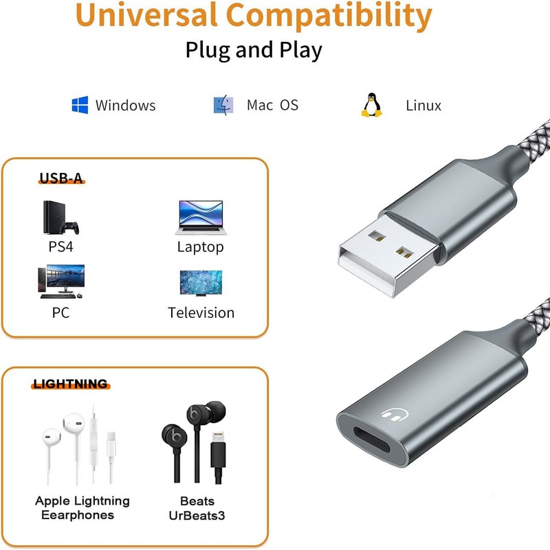 LecLooc USB A to Lightning Audio Adapter Cable USB 3.0 Male to Lightning Female HiFi Audio Headphones Converter Fit with USB A MacBook Computer PC Support Volume Control Mic Nylon Braided (Grey) - Image 2