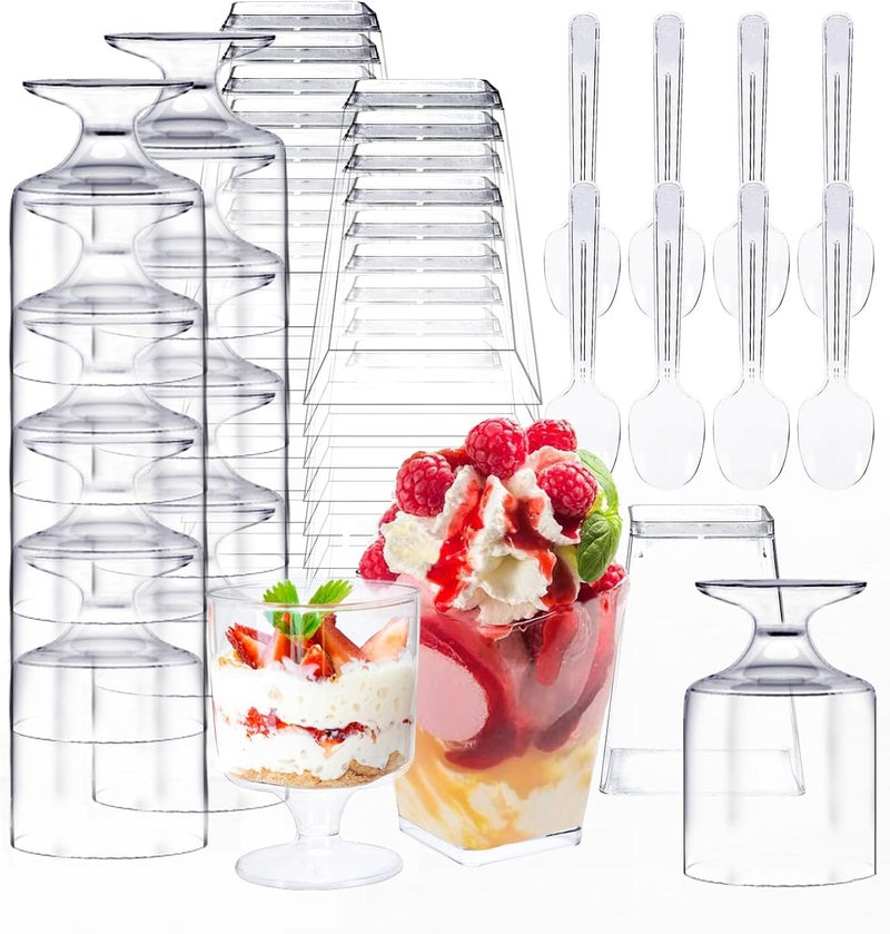 Whaline 200Pcs 5oz Dessert Cups with Spoons 50 Mini Square Goblet Parfait Cups 50 Clear Appetizer Cups 100 Plastic Spoons Small Dessert Shooter Cups for Pudding Ice Cream Cake Party Events Supply - Image 1