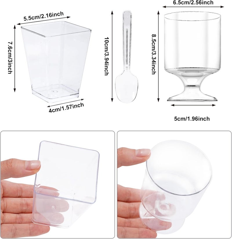 Whaline 200Pcs 5oz Dessert Cups with Spoons 50 Mini Square Goblet Parfait Cups 50 Clear Appetizer Cups 100 Plastic Spoons Small Dessert Shooter Cups for Pudding Ice Cream Cake Party Events Supply - Image 2