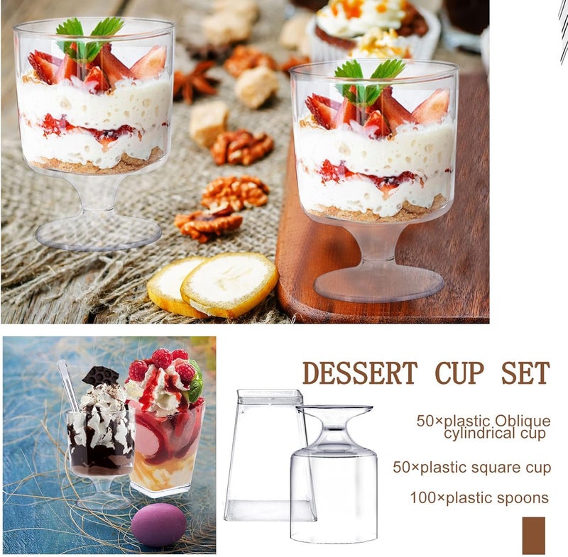 Whaline 200Pcs 5oz Dessert Cups with Spoons 50 Mini Square Goblet Parfait Cups 50 Clear Appetizer Cups 100 Plastic Spoons Small Dessert Shooter Cups for Pudding Ice Cream Cake Party Events Supply - Image 3