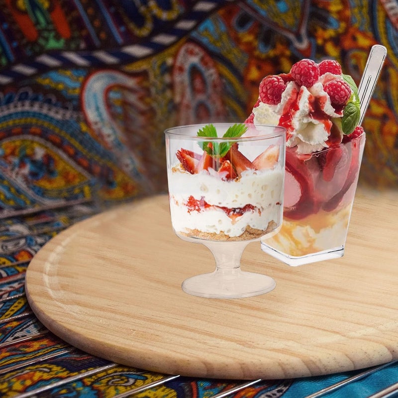 Whaline 200Pcs 5oz Dessert Cups with Spoons 50 Mini Square Goblet Parfait Cups 50 Clear Appetizer Cups 100 Plastic Spoons Small Dessert Shooter Cups for Pudding Ice Cream Cake Party Events Supply - Image 4