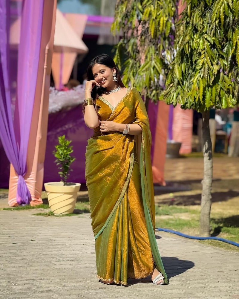 Sidhidata Women's Two Tone Shaded Mustard & Seagreen Soft Zimmy Choo Fandy Silk Saree with Hand Work Lace Border and Unstitched Blouse Piece - Image 2
