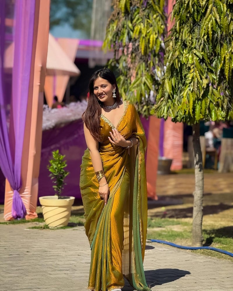 Sidhidata Women's Two Tone Shaded Mustard & Seagreen Soft Zimmy Choo Fandy Silk Saree with Hand Work Lace Border and Unstitched Blouse Piece - Image 3
