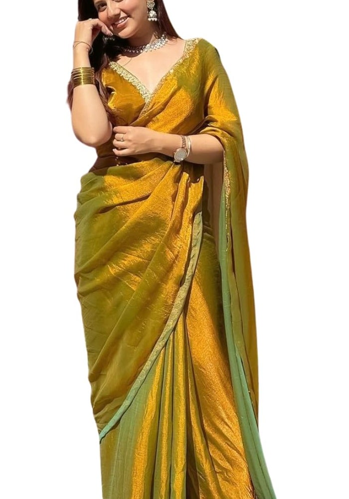 Sidhidata Women's Two Tone Shaded Mustard & Seagreen Soft Zimmy Choo Fandy Silk Saree with Hand Work Lace Border and Unstitched Blouse Piece - Image 1