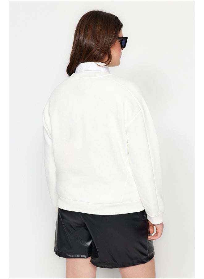 trendyol - Thick Ecru, Fleece Inside, Embroidery Detailed Knitted Sweatshirt TBBAW24AO00022. - Image 1