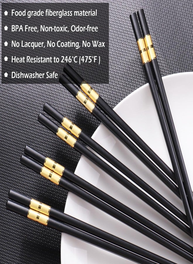 GLAMFIELDS 5 Pairs Premium Chopsticks Reusable Dishwasher Safe 9.5 Inch Fiberglass Chop Sticks Gift Set Non Slip Black+Gold - Image 3