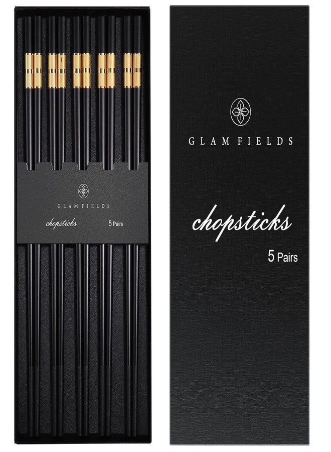 GLAMFIELDS 5 Pairs Premium Chopsticks Reusable Dishwasher Safe 9.5 Inch Fiberglass Chop Sticks Gift Set Non Slip Black+Gold - Image 1